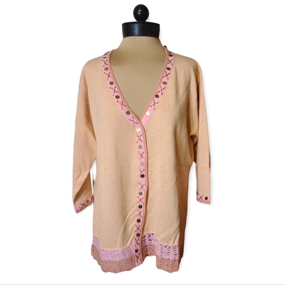 Storybook Knits Summer Gold Crochet Trim Peach Pink Cardigan Large